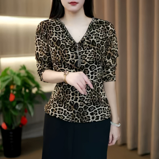 秋季 女洋气T恤打底衫 V领钉珠网纱豹纹长袖 时尚 女士上衣 小衫 妈妈装