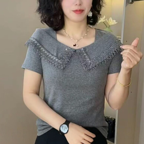 妈妈装夏季方领披肩钉珠减龄T恤