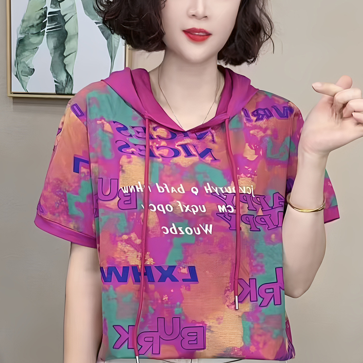 时尚女夏季连帽字母印花宽松卫衣