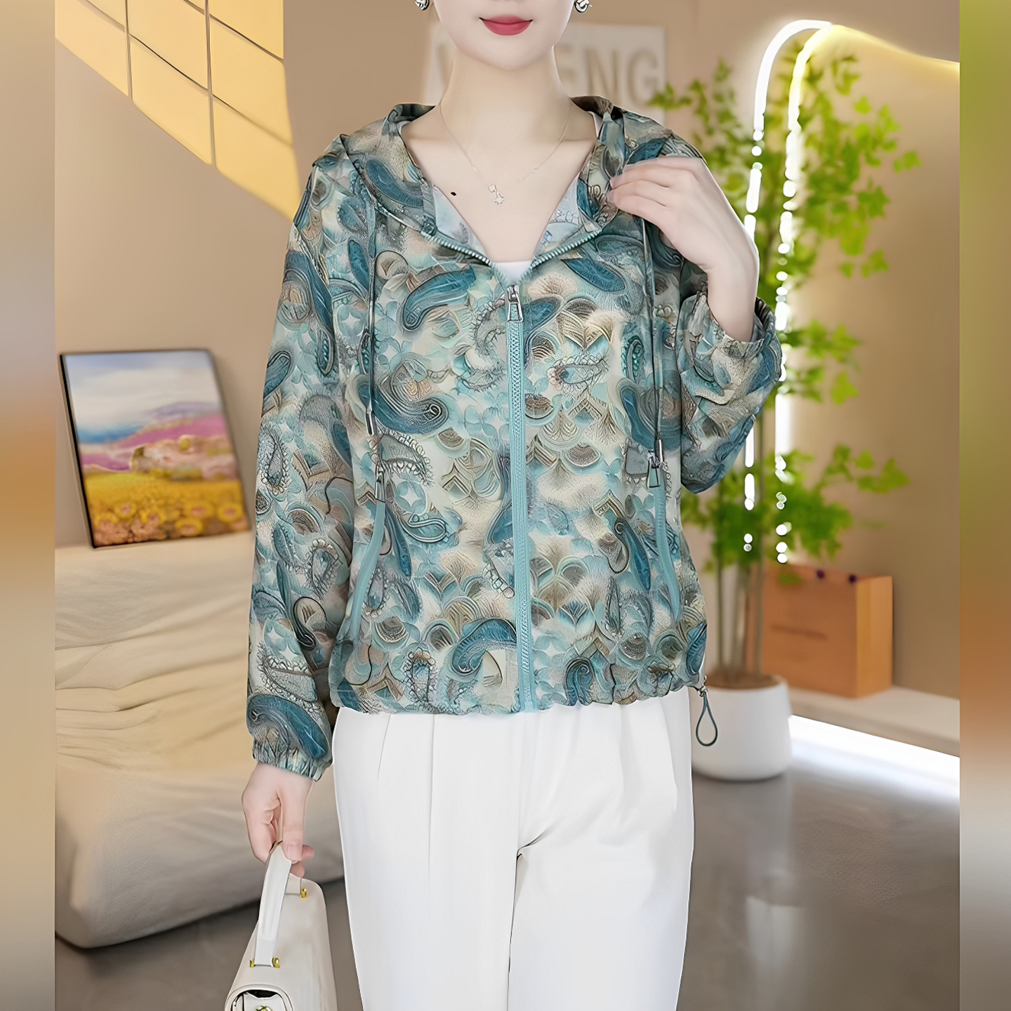 时尚女夏连帽宽松印花长袖防晒服