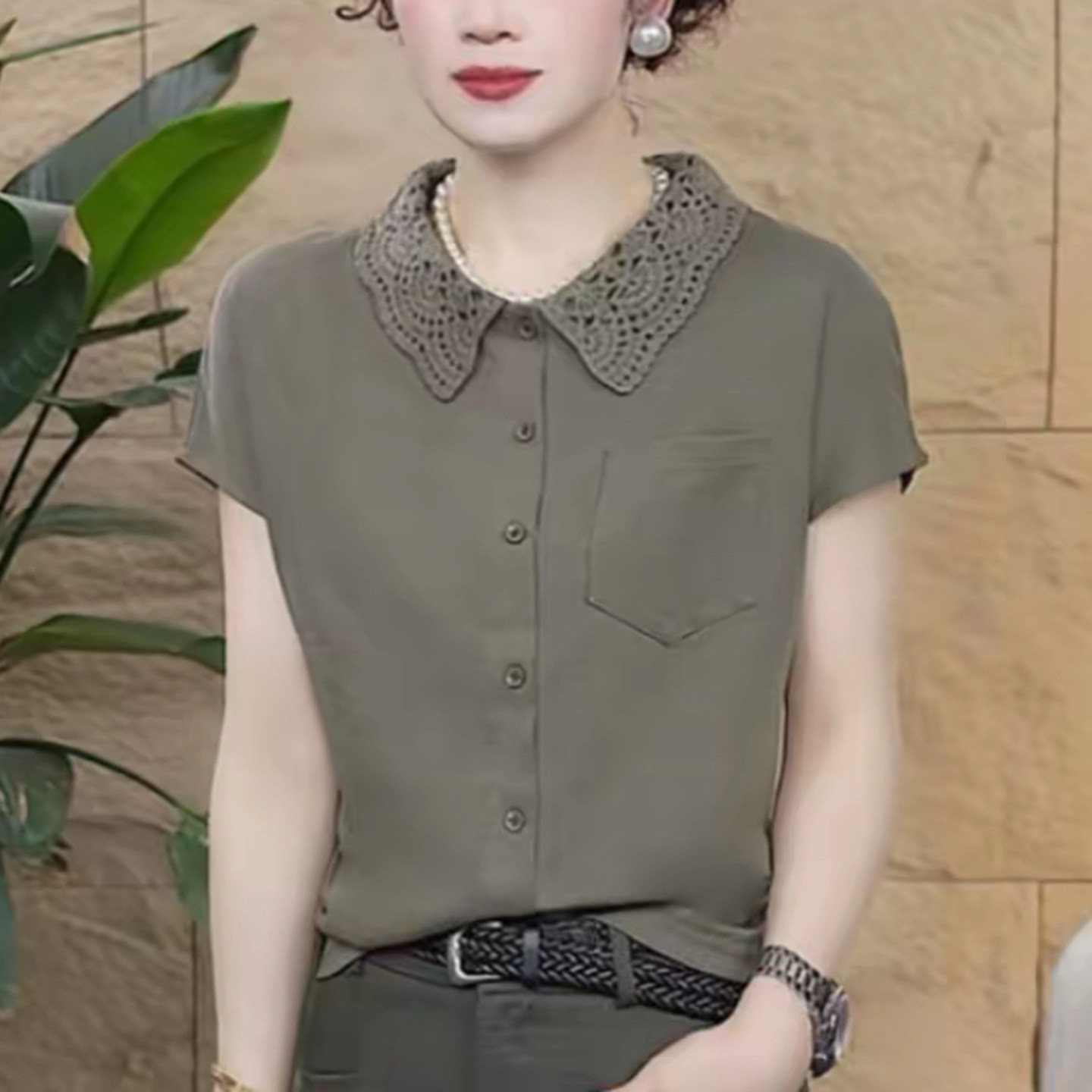 妈妈装夏季钩花领宽松短袖女开衫