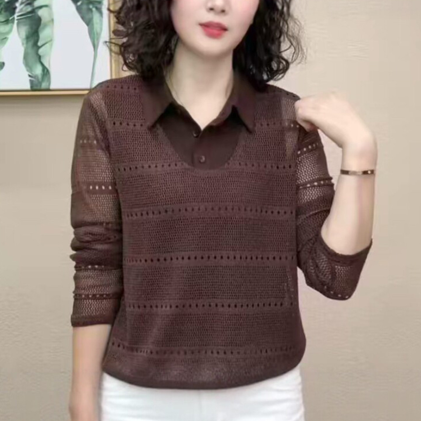 妈妈装衬衫领镂空假两件长袖小衫