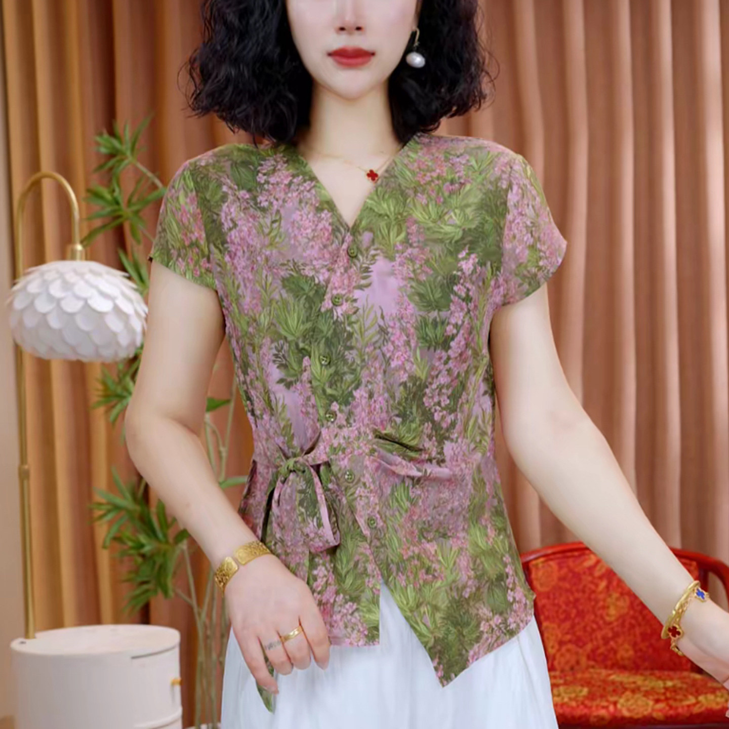 妈妈装V领斜襟系带短袖减龄女T恤