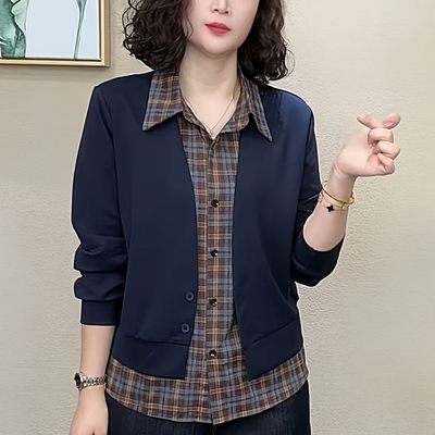 妈妈装秋翻领格子拼接假两件衬衫