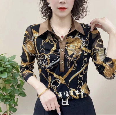 妈妈装夏长袖网纱印花Polo领小衫