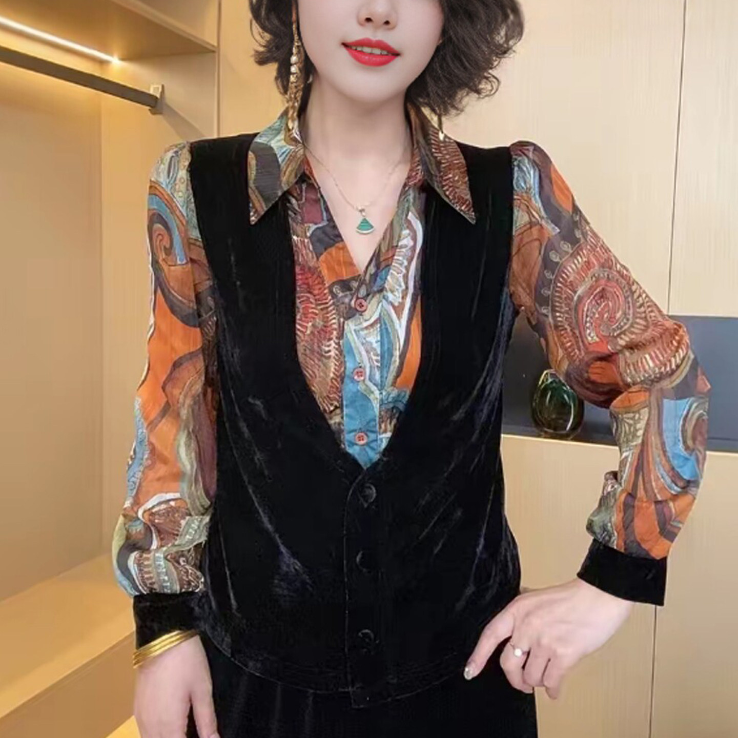 妈妈装拼色假两件衬衫领长袖上衣