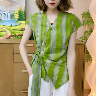 妈妈装夏季V领斜门襟系带收腰条纹短袖小衫时尚女洋气T恤百搭上衣