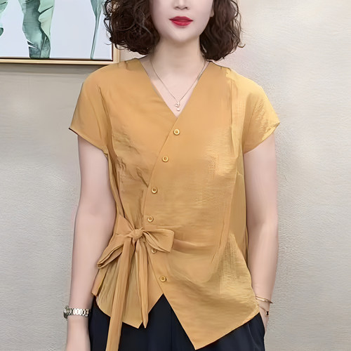 妈妈装夏季V领斜门襟系带短袖T恤