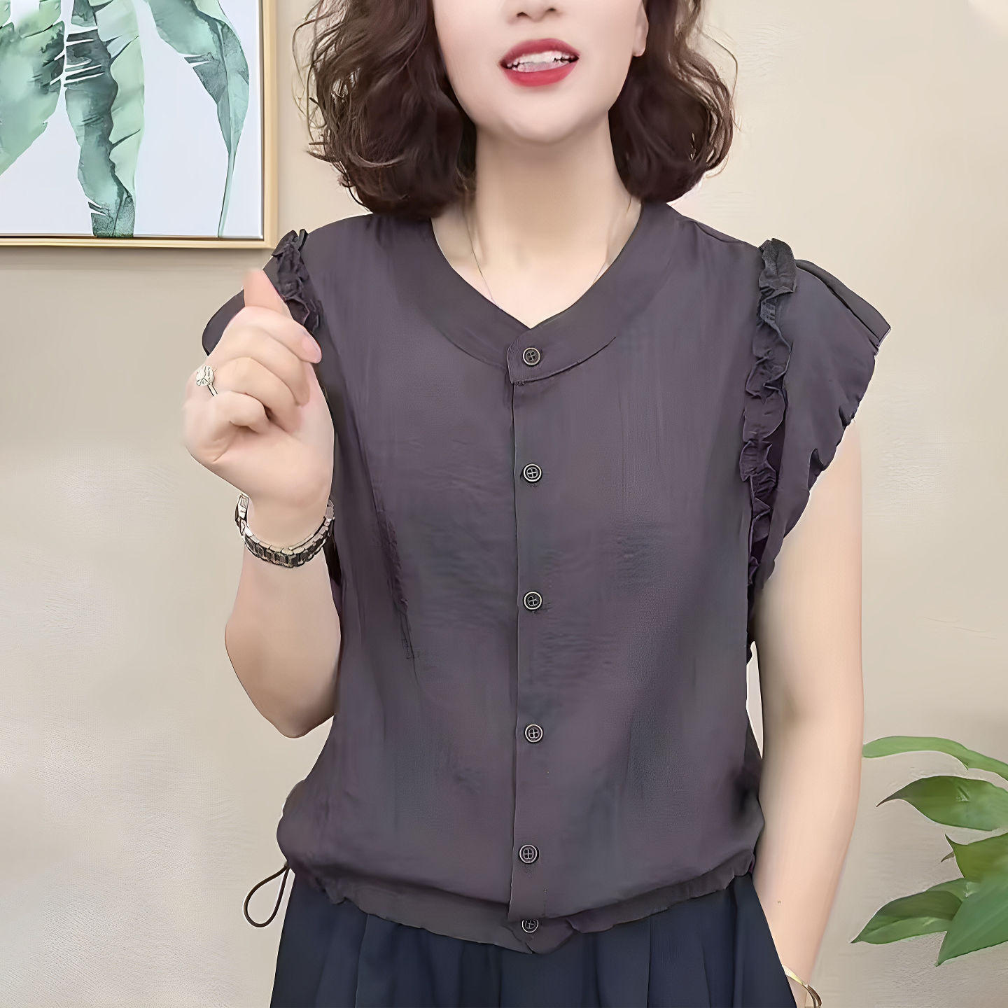 妈妈装立领单排扣飞机袖木耳边小衫时尚女夏洋气短袖T恤百搭上衣