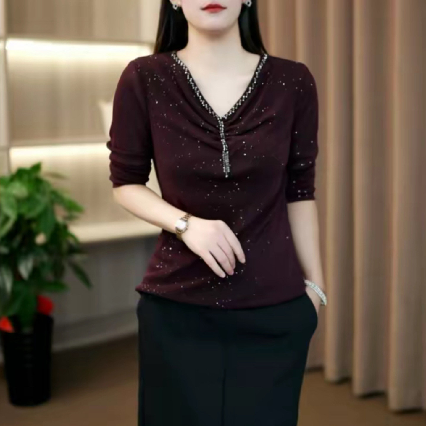 妈妈装春季V领钉珠网纱洒金长袖小衫时尚女洋气T恤打底衫女士上衣
