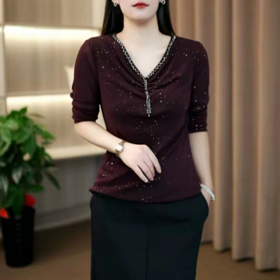 妈妈装春季V领钉珠网纱洒金长袖小衫时尚女洋气T恤打底衫女士上衣