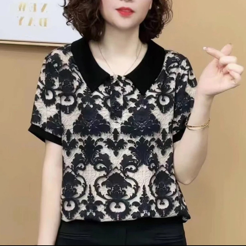 妈妈装夏短袖雪纺印花娃娃领小衫