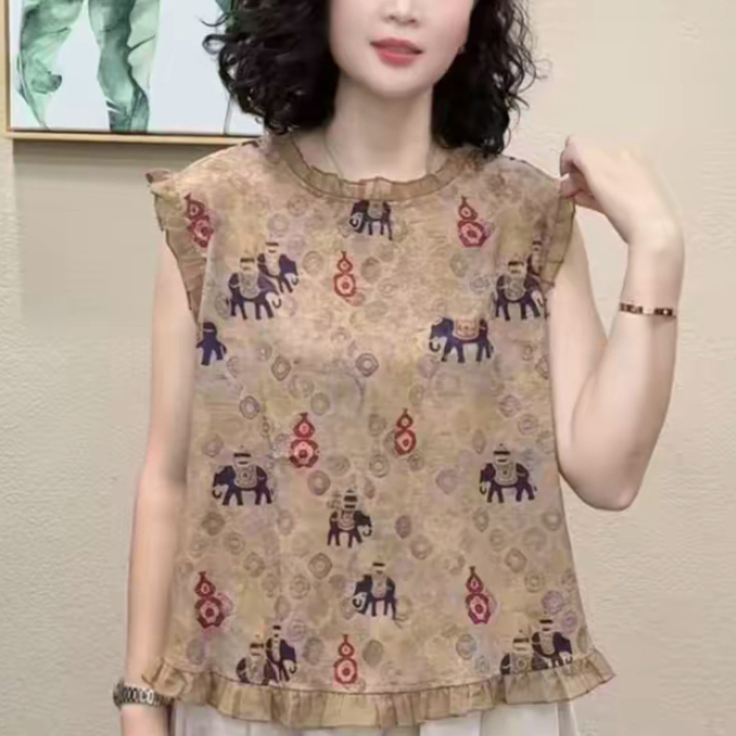 妈妈装夏无袖木耳边大象印花T恤