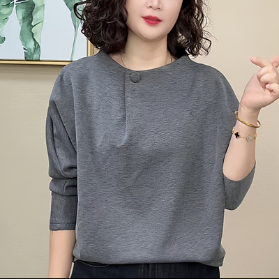 妈妈装秋圆领纯色宽松长袖蝙蝠衫