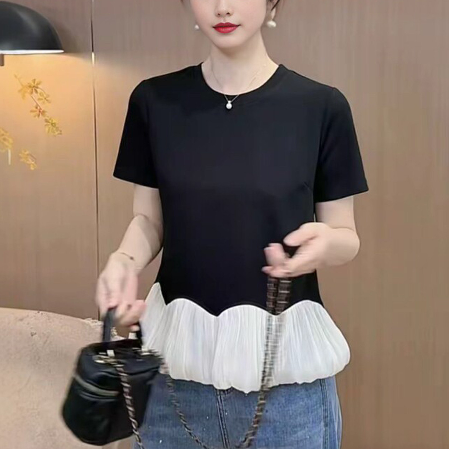 妈妈装夏圆领拼接荷叶边短袖T恤