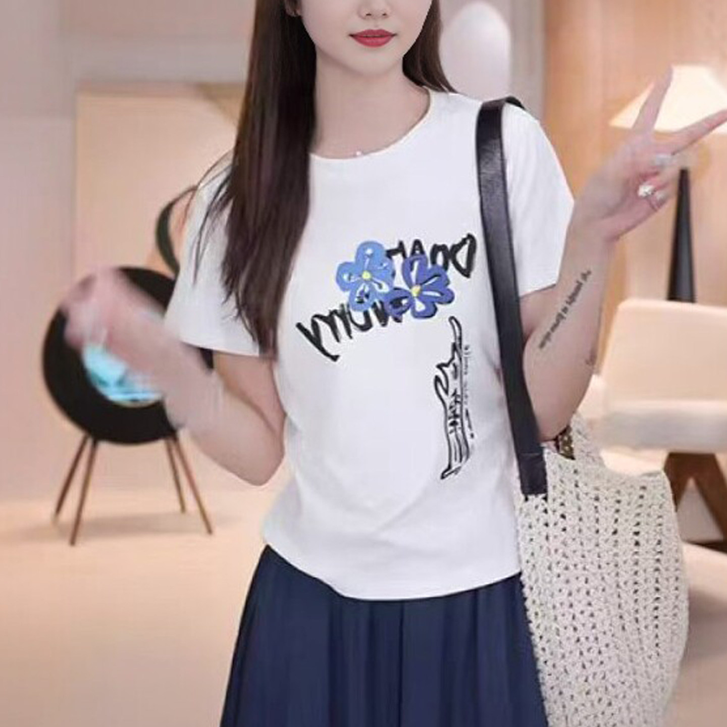 年轻妈妈装夏季纯棉小猫印花T恤