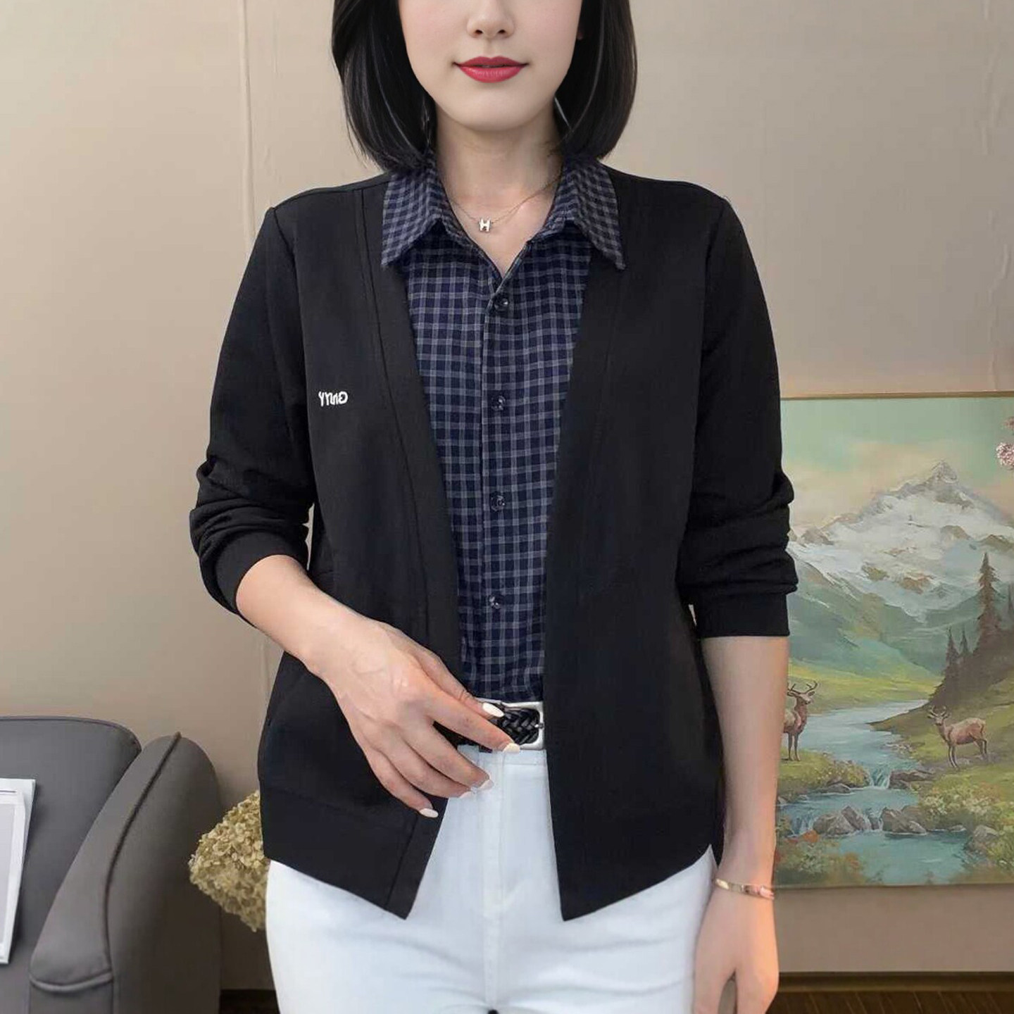 时尚女秋季衬衫领假两件长袖小衫