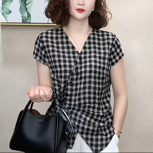 时尚女夏V领斜门襟系带短袖小衫