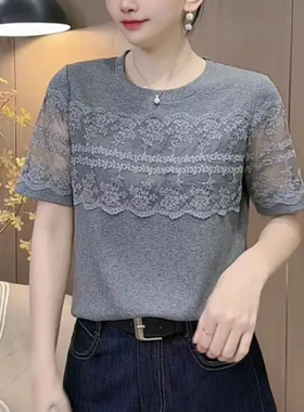 妈妈装圆领拼接蕾丝花边短袖小衫时尚女夏季洋气T恤减龄百搭上衣