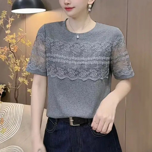 时尚女夏季圆领蕾丝拼接短袖小衫