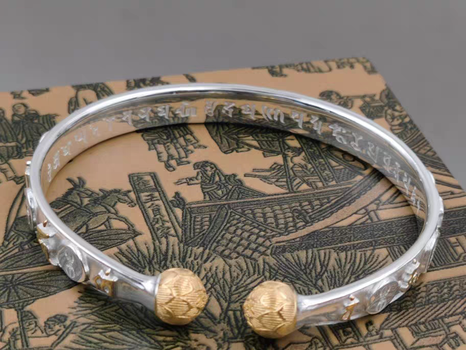 五佛真言银镀金手镯外围金刚界胎藏,五佛种子字内圈光明真言雕花