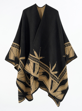 秋冬加厚保暖围巾Cape scarf shawl竹叶外搭披肩斗篷两用针织外套