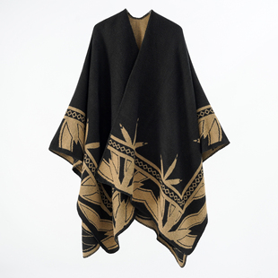 秋冬加厚保暖围巾Cape shawl竹叶外搭披肩斗篷两用针织外套 scarf