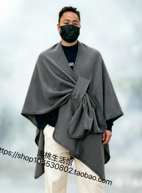 秋冬新款男士披肩保暖斗篷简约双面纯色开叉加长仿羊绒外搭披肩男