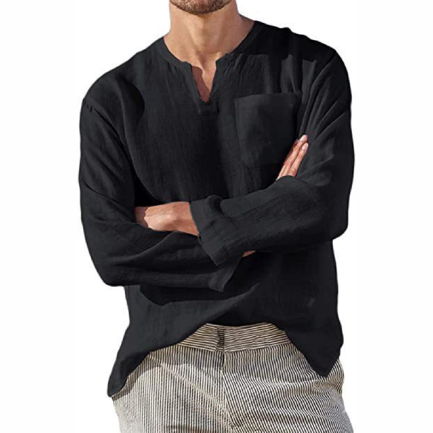 Man shirt 秋季新款欧美男装纯色V领长袖衬衣 休闲宽松舒适衬衣男