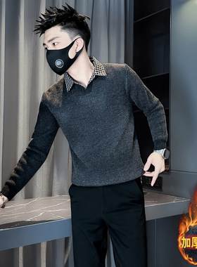 冬季加绒一体绒假两件衬衫领毛衣155矮个子针织线衣XS码S打底衫潮