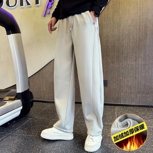 冬季痞帅加绒休闲裤潮流弯刀裤直筒裤子男款秋冬S码宽松运动卫裤