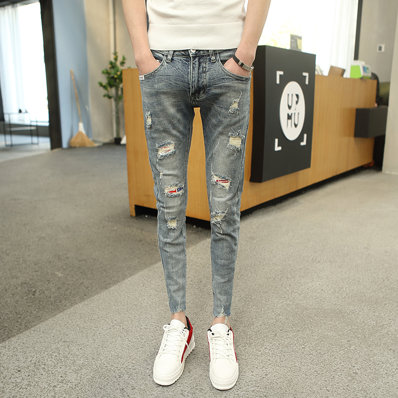155矮个子穿搭牛仔裤男26码27修身小脚毛边九分裤乞丐破洞牛仔裤