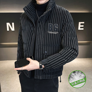 冬季小码羽绒服衣男潮牌条纹加厚短款外套S号XS码修身保暖皮袄子