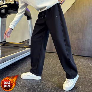 秋冬季加绒加厚卫裤男S码宽松直筒裤潮牌弯刀运动休闲裤保暖裤子