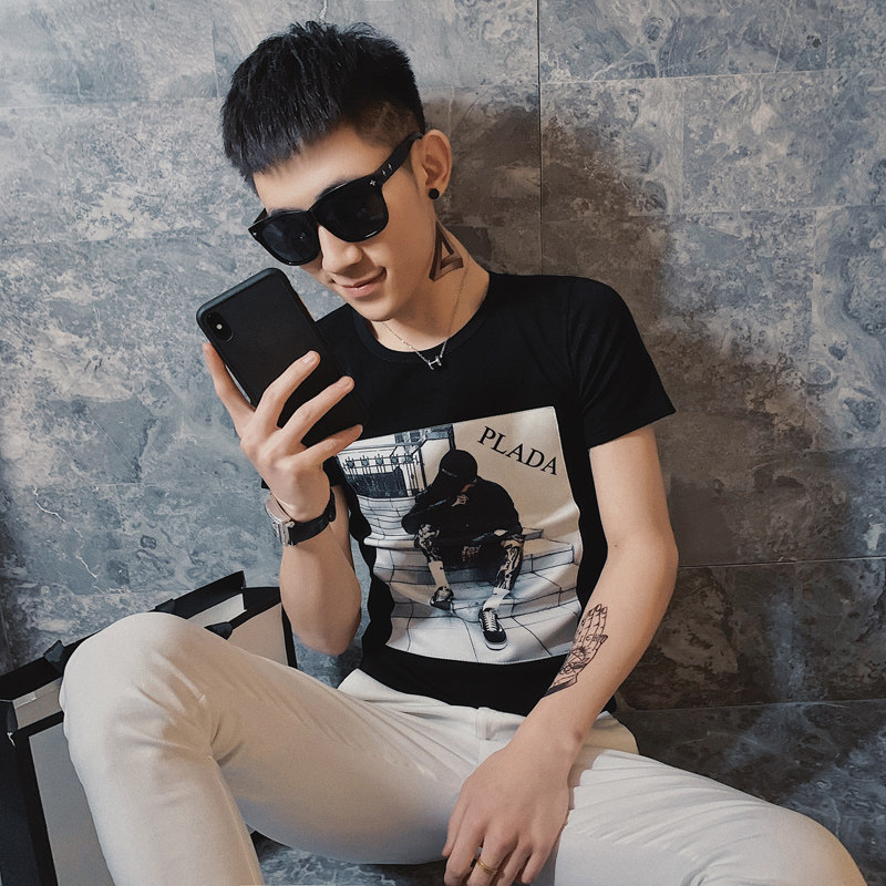 les帅t夏季短袖t桖潮小码潮流贴布紧身t恤男修身矮小个子155xs码s