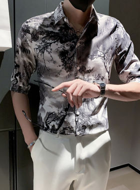 2026春夏小码修身山水画五分衬衫潮流男士S号XS码印花中袖衬衣160