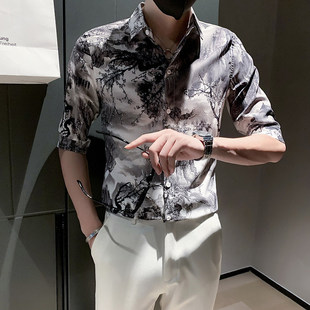 印花中袖 2026春夏小码 衬衣160 S号XS码 潮流男士 修身 山水画五分衬衫