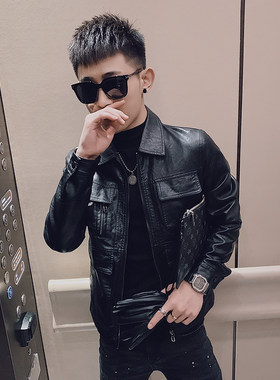 潮牌皮衣外套男155秋季小个子XS码修身机车服短款翻领休闲皮夹克