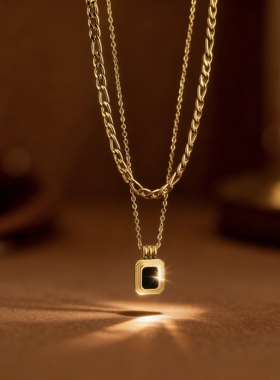 双层叠戴黑色方牌钛钢项链女小众气质轻奢ins高级感百搭锁骨链853