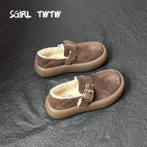 SGIRL TWTW加绒保暖面包棉鞋女复古磨砂牛皮一脚蹬厚底大头乐福鞋