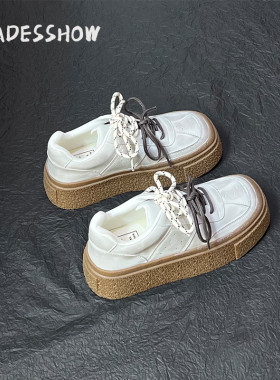 超火复古运动板鞋女秋冬加绒欧美厚底方头休闲鞋百搭德训鞋小白鞋