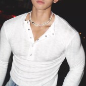 透气紧身长袖 高弹力棉质亨利衫 男薄款 防晒衣深V半开扣门襟领t恤潮