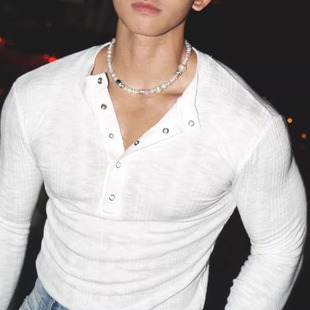 防晒衣深V半开扣门襟领t恤潮 透气紧身长袖 高弹力棉质亨利衫 男薄款