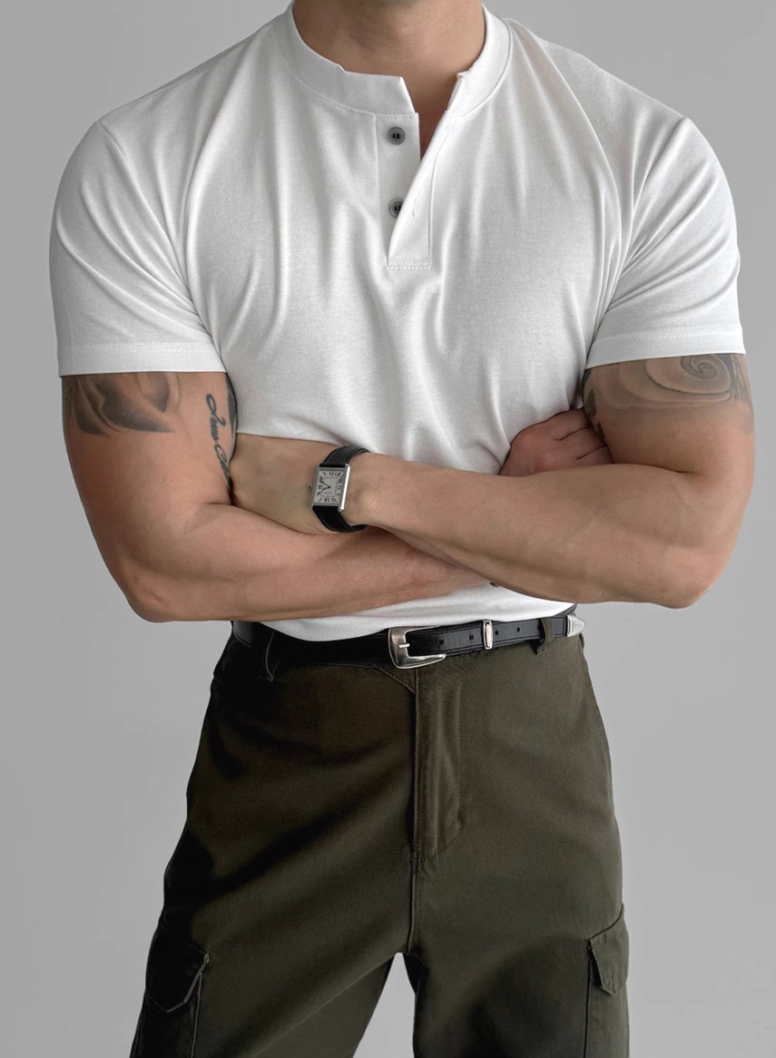 美式纯棉亨利领t恤肌肉男修身短袖半开扣透气运动上衣硬汉亨利衫