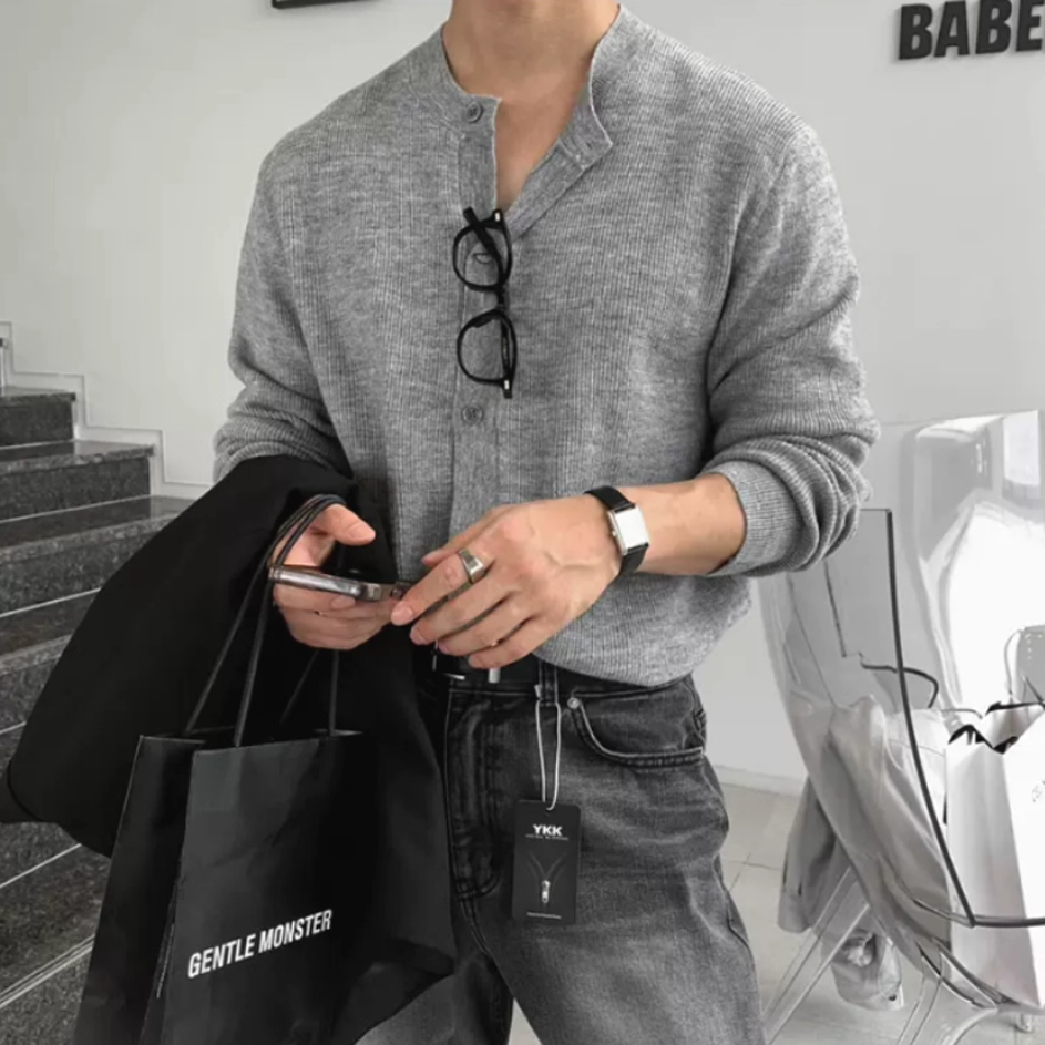 包芯纱针织开衫圆领排扣卫衣外套