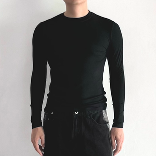 高弹力紧身衣男窄腰显瘦长袖冰丝螺纹速干t恤褶皱肌理感打底衫潮