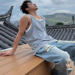 美式 t恤篮球训练运动跨栏坎肩 u型大领背心男华夫格假两件宽松无袖