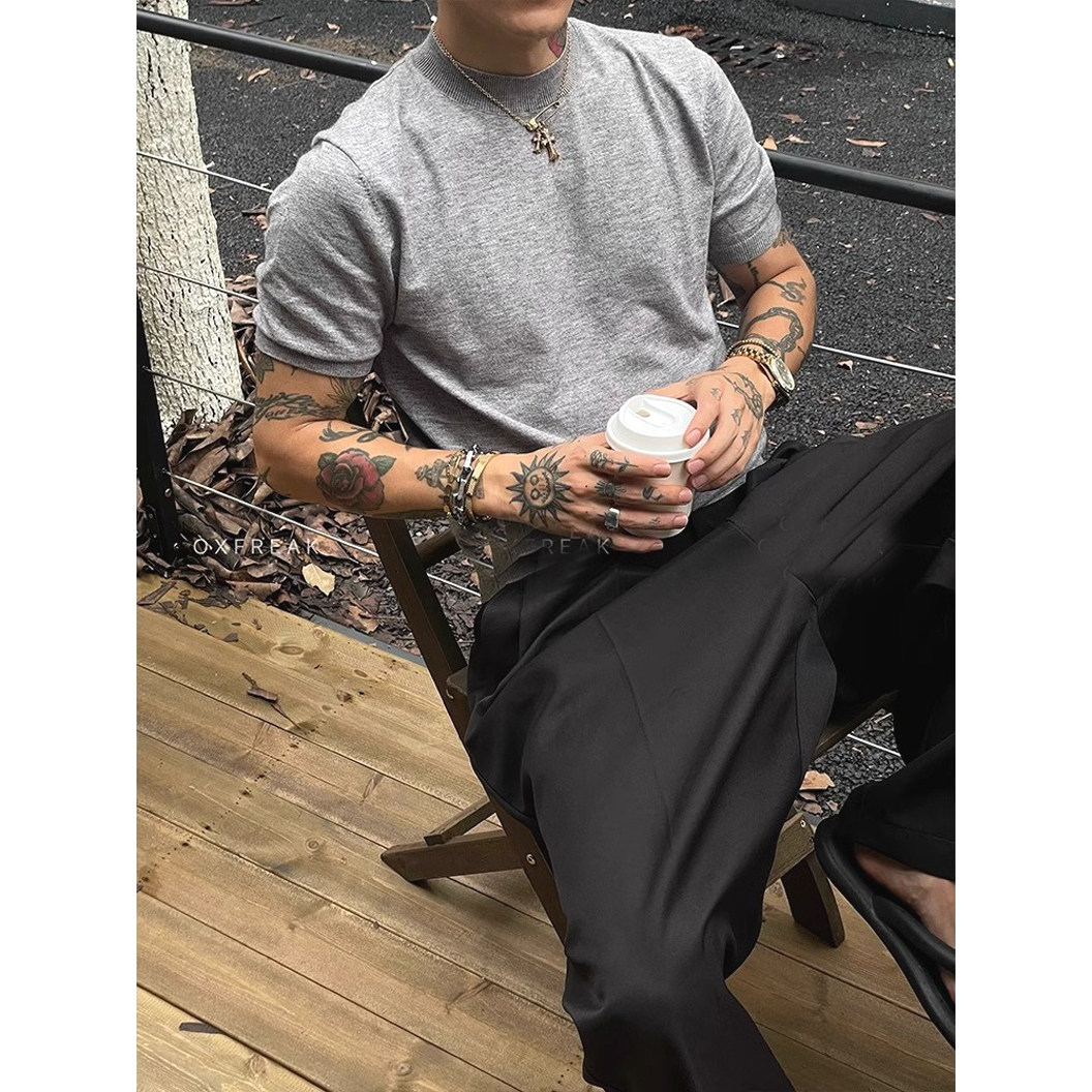 老钱小高领包芯纱针织衫短袖紧身