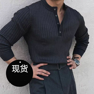 美式硬汉风丝光棉针织衫男亨利领修身长袖卫衣半开扣休闲工装毛衣