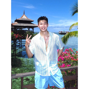 海边度假风镂空花衬衫男元气轻活宽松短袖开衫彩色透视网眼衬衫潮
